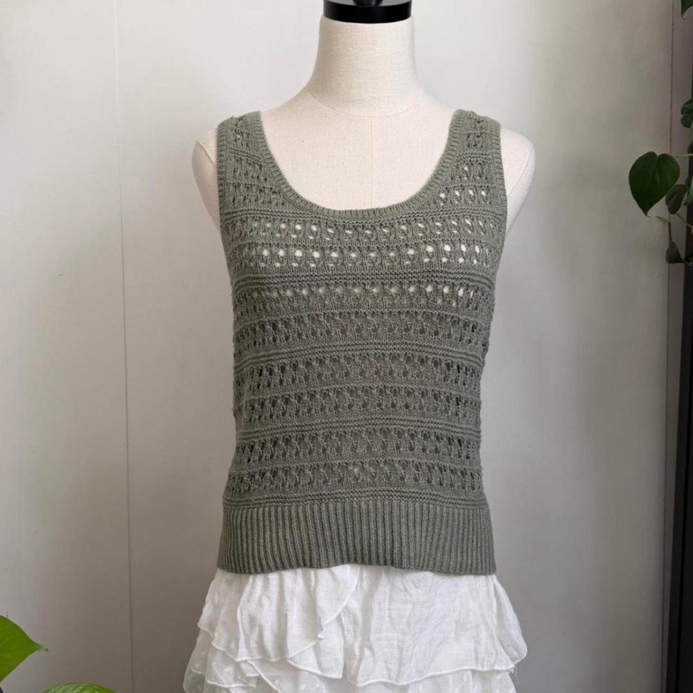 Old Navy Sage Green Knitted Tank Top Sweater Pointelle Boho Medium